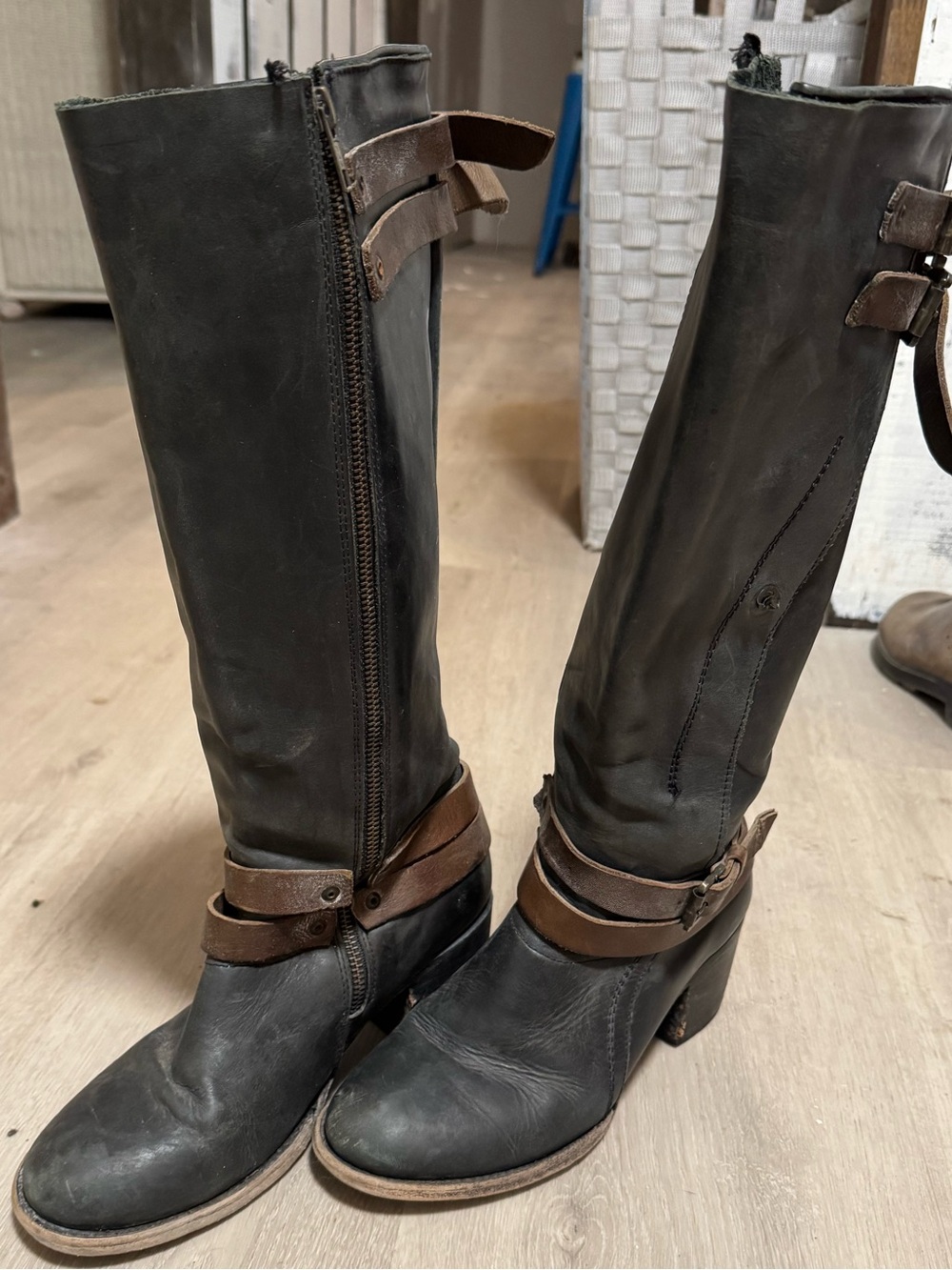 Freebird by Steven Black Leather Knee-High Heeled Boots with Brown Straps - Picture 2 of 4